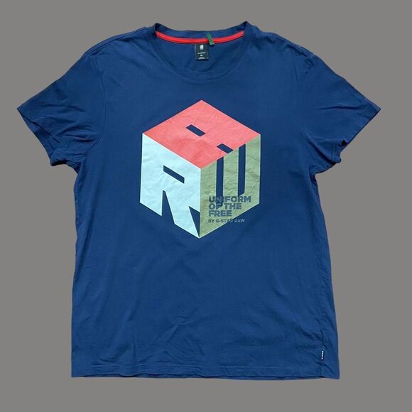 G-Star Raw Basic Fit Cube Logo Cotton Navy Blue T-Shirt Men's Size Extra Large - Picture 1 of 8